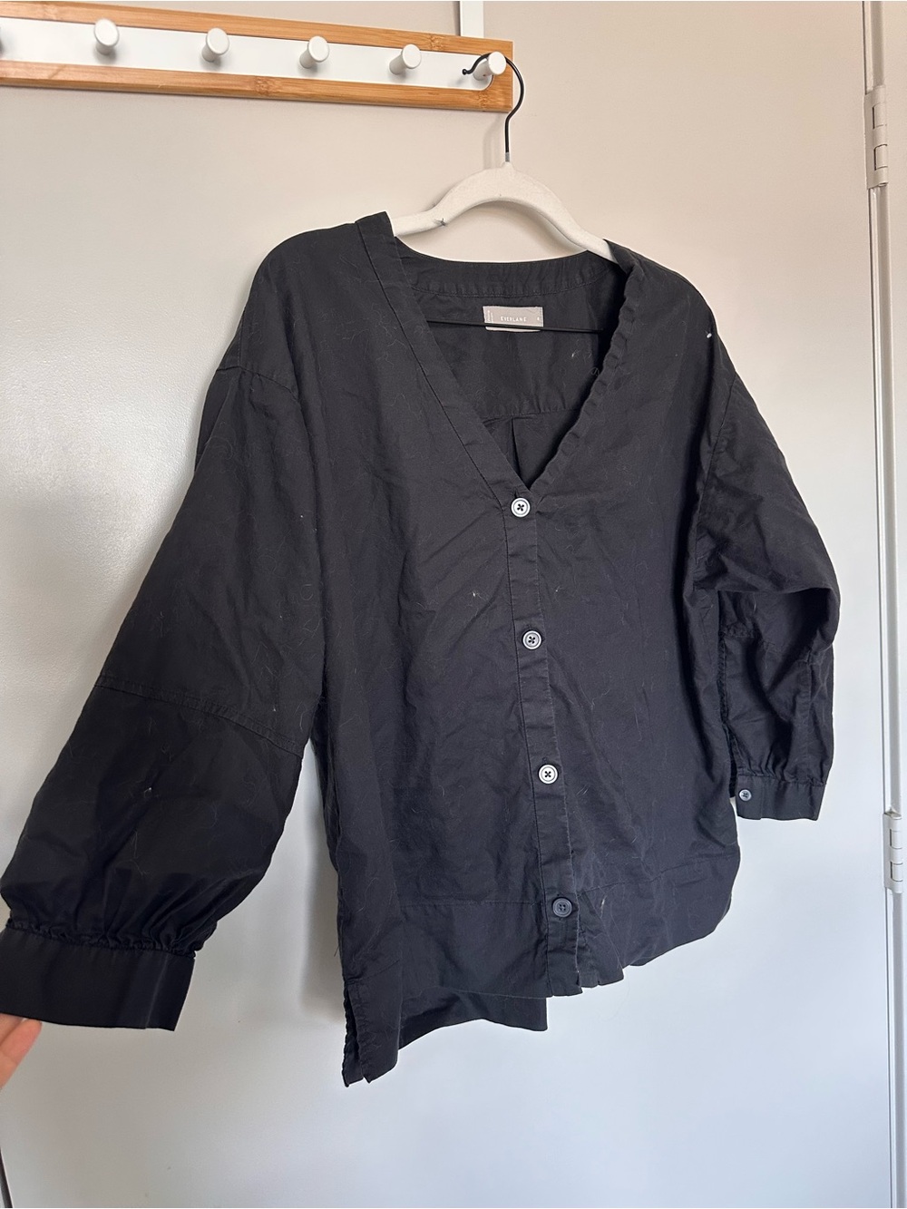 Everlane Black V-Neck Button-Front Casual Shirt
